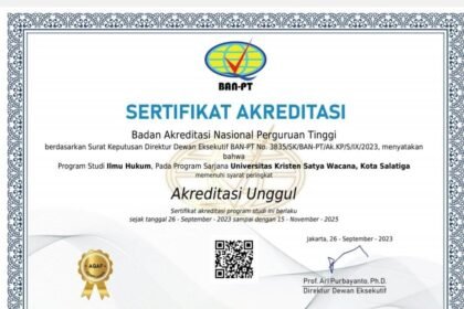 Sertifikat Akreditasi Unggul Program Studi S1 Fakultas Hukum UKSW.