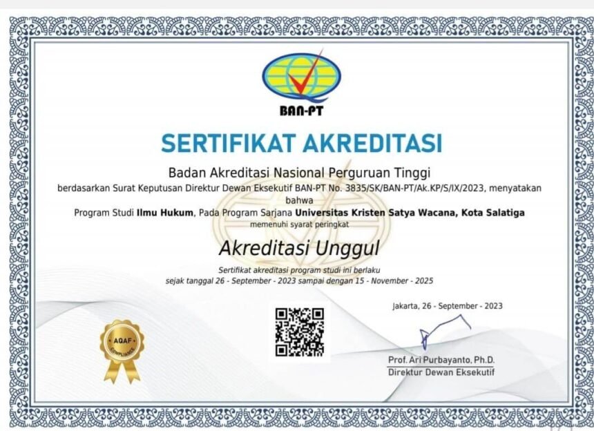 Sertifikat Akreditasi Unggul Program Studi S1 Fakultas Hukum UKSW.