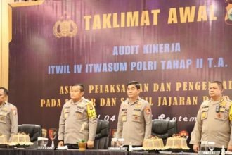 Kegiatan taklimat awal audit kinerja Itwil IV Itwasum Polri tahap II T.A. 2023 mengusung aspek pelaksanaan dan pengendalian pada satker dan satwil jajaran Polda Sulsel berlangsung di Hotel Harper Mekar Makassar, Senin (04/09/2023).