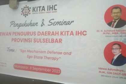 Dewan Pengurus Daerah Kompeten Integritas Tangguh Amanah Indonesia Hipnotis Center (DPD KITA IHC) Provinsi Sulselbar menggelar pengukuhan dan seminar di Rujab Walikota Makassar, (8/9/2023).