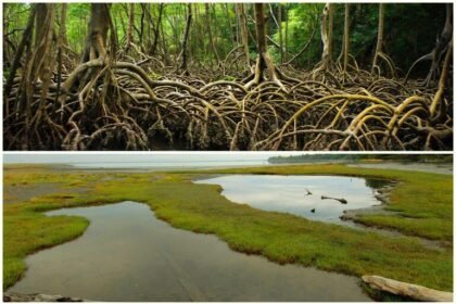 Ekosistem karbon biru (atas ke bawah): mangrove, rawa pasang surut, dan padang lamun. Sumber: Howard et al. 2017. Foto dari atas ke bawah © Rachel Docherty / Flickr Creative Commons, Trond Larsen, Miguel Angel Mateo.