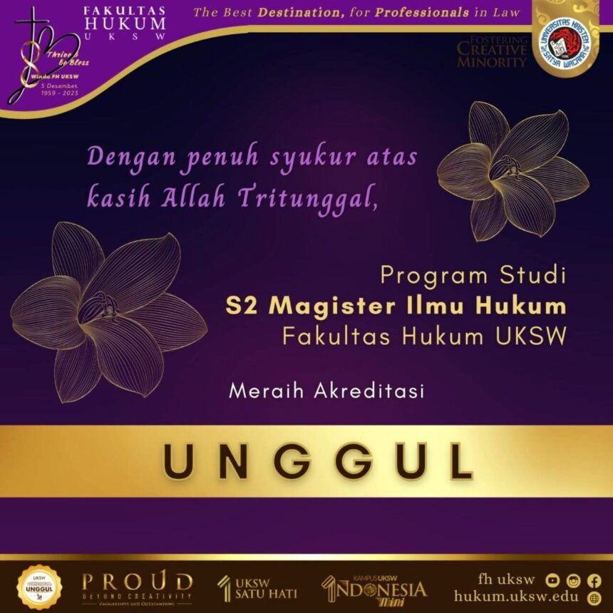 Program Studi S2 Magister Ilmu Hukum FH UKSW berhasil meraih akreditasi unggul dari Badan Akreditasi Nasional Perguruan Tinggi (BAN-PT). 