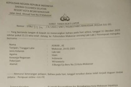 Korban Aswar mengalami kerugian Rp.14 Juta. Adapun Surat Tanda Bukti Laporan : STBL/2270/X/2023/SPKT/Polrestabes Makassar/Polda Sulsel.