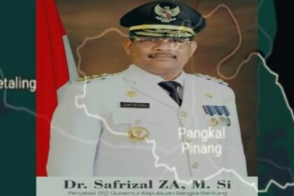 Penjabat (Pj) Gubernur Kepulauan Bangka Belitung (Babel) Dr. Safrizal ZA dan kolase map peta Pangkalpinang.
