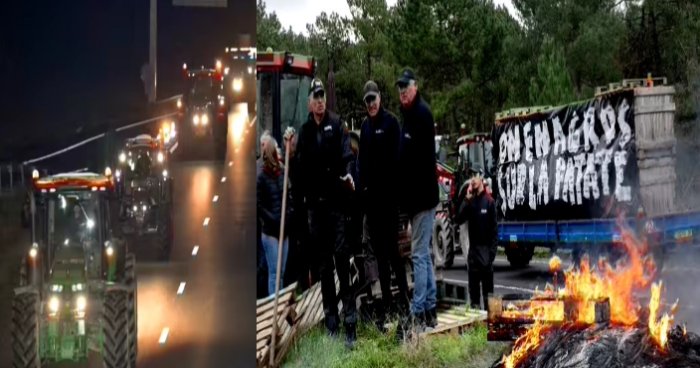 Konvoi petani di jalan raya A20. Kolase: para petani Perancis yang memprotes berjanji akan memblokade Paris! Mereka ingin menutup semua jalan dan tidak mengizinkan makanan masuk ke Paris. (franceinfo/AFP)