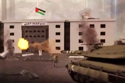 Ilustrasi penduduk Zionis Israel dengan tank Merkavah menghancurkan infrastruktur di Gaza.