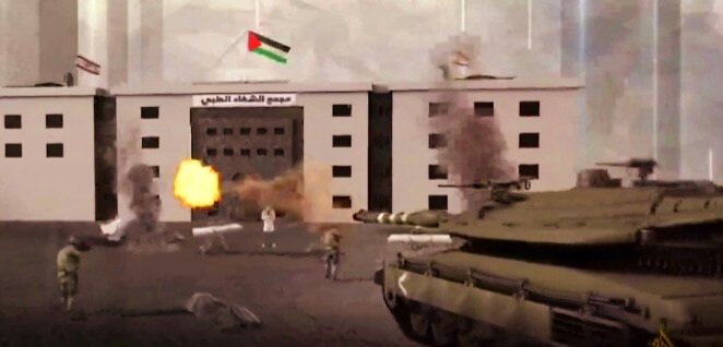 Ilustrasi penduduk Zionis Israel dengan tank Merkavah menghancurkan infrastruktur di Gaza.