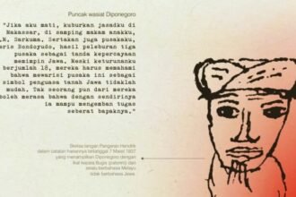 Wasiat Diponegoro dan gambar sketsa tangan Pangeran Hendrik dalam catatan hariannya tertanggal 7 Maret 1837 yang menampilkan Diponegoro dengan ikat kepala Bugis (patonro) dan selalu berbahasa Melayu tidak berbahasa Jawa. (Sumber: Masdon Art Center Surakarta)