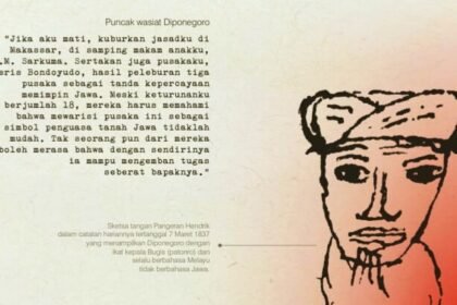 Wasiat Diponegoro dan gambar sketsa tangan Pangeran Hendrik dalam catatan hariannya tertanggal 7 Maret 1837 yang menampilkan Diponegoro dengan ikat kepala Bugis (patonro) dan selalu berbahasa Melayu tidak berbahasa Jawa. (Sumber: Masdon Art Center Surakarta)