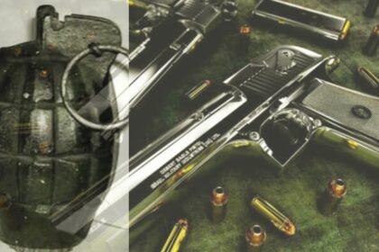 Ilustrasi kolase granat, pistol dan peluru. (Ist.)