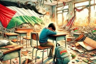 Ilustrasi kondisi pendidikan di Palestina. Kementerian Pendidikan Palestina: Sejak awal perang di Gaza, 400 sekolah telah dibom dan dihancurkan. Selain itu, 4.895 pelajar Palestina menjadi syahid dalam serangan tentara Zionis.(@palestinepost)