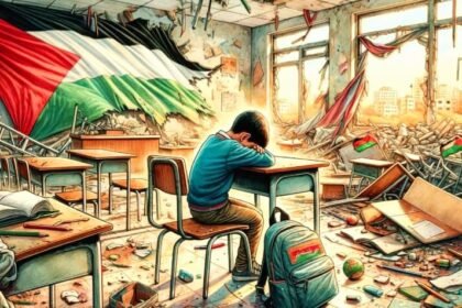 Ilustrasi kondisi pendidikan di Palestina. Kementerian Pendidikan Palestina: Sejak awal perang di Gaza, 400 sekolah telah dibom dan dihancurkan. Selain itu, 4.895 pelajar Palestina menjadi syahid dalam serangan tentara Zionis.(@palestinepost)