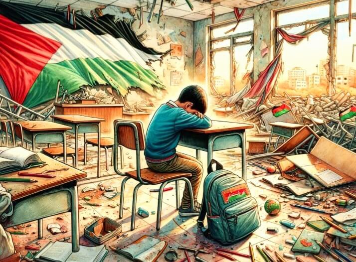 Ilustrasi kondisi pendidikan di Palestina. Kementerian Pendidikan Palestina: Sejak awal perang di Gaza, 400 sekolah telah dibom dan dihancurkan. Selain itu, 4.895 pelajar Palestina menjadi syahid dalam serangan tentara Zionis.(@palestinepost)