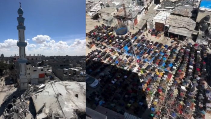 Shalat Jumat pertama Ramadhan, 15 Maret 2024 di reruntuhan Masjid Al-Farouq yang hancur akibat pendudukan di Rafah, selatan Jalur Gaza.