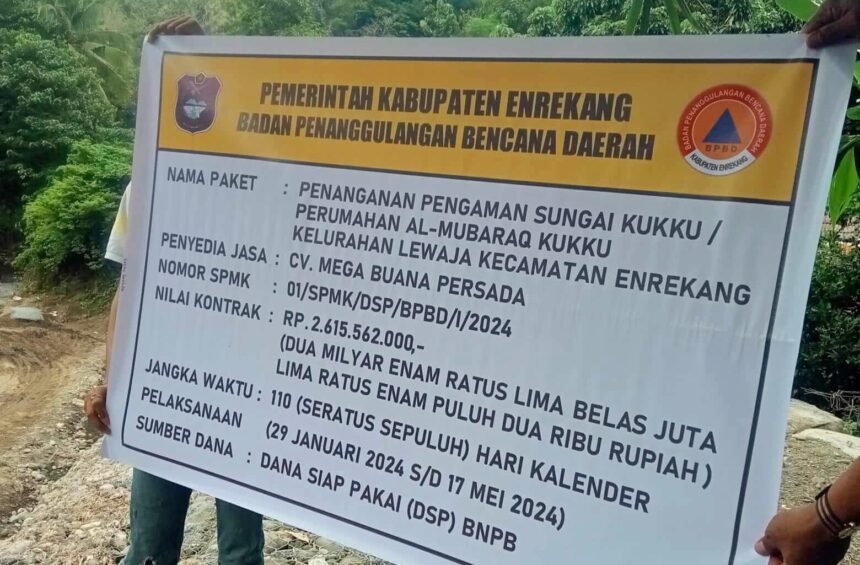 Keterangan: Pernyataan Kepala BPBD mengenai tidak ada anggaran material, sedangkan papan proyeknya ada, sumber dana, dan nilai kontrak, setelah didokumentasikan setelah itu langsung digulung dan dibawa pulang.