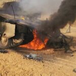 Tampak kondisi Tank setelah dihantam R.P.G. Yassin-105 Mujahidin di lingkungan Al-Zaytoun, Gaza.
