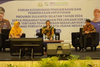 forum koordinasi pengawasan dan pemeriksaan kepatuhan BPJS Kesehatan Tingkat Provinsi Sulawesi Selatan 2024. Penandatanganan MoU ini dihadiri oleh berbagai pihak dari BPJS Kesehatan dan Kejaksaan Tinggi Sulawesi Selatan.