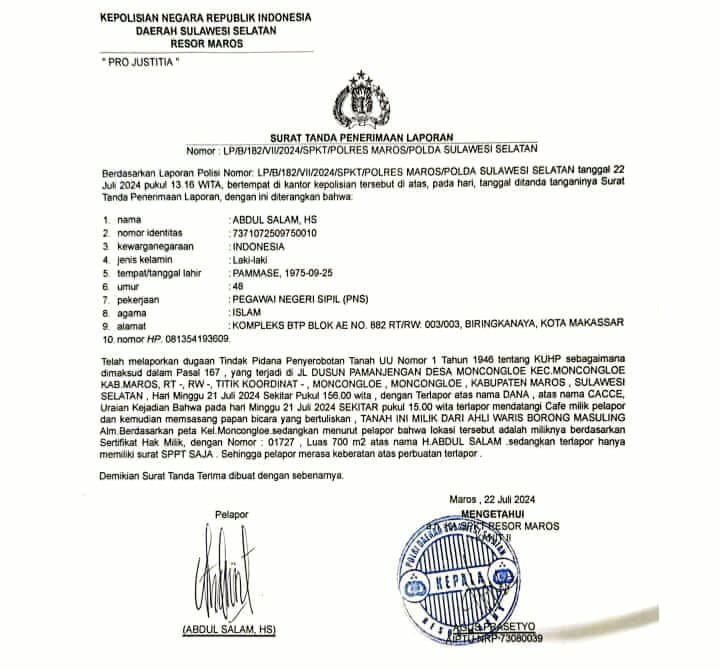 Oknum Pj Kepala Desa dan Kadus Pamanjengan Moncongloe Dilaporkan ke Polres Maros.