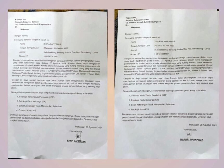 Harapan keringanan biaya di tengah derita,  korban pembusuran berjuang di RS Bhayangkara Makassar, (28/8/2024). (Dok. LSM Inakor Sulsel)