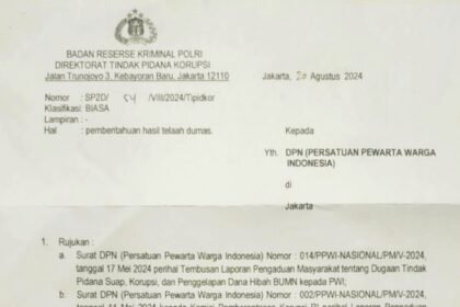 pindaian Surat Pemberitahuan Hasil Telaah Dumas dari Direktorat Tindak Pidana Korupsi (Dittipikor) Mabes Polri yang diterima Sekretariat PPWI Nasional hari Rabu, 21 Agustus 2024.