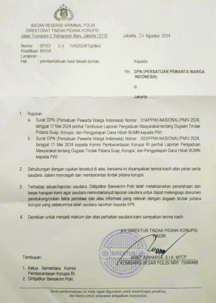 pindaian Surat Pemberitahuan Hasil Telaah Dumas dari Direktorat Tindak Pidana Korupsi (Dittipikor) Mabes Polri yang diterima Sekretariat PPWI Nasional hari Rabu, 21 Agustus 2024.