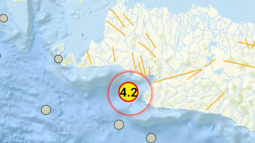 Gempa magnitudo 4.2, pusat gempa berada di laut tepatnya 33 kilometer di barat daya Bayah, dengan kedalaman 22 kilometer, Selasa (17/9/2024). (bmkg/ho/mediapesan)