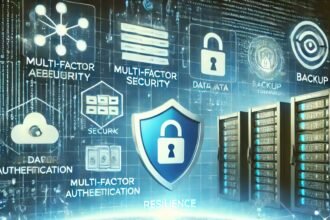 Ketahanan keamanan siber: elemen firewall, sistem backup, dan ikon untuk autentikasi multi-faktor serta pelatihan kesadaran keamanan. Cermin perlindungan dan kesiapan terhadap ancaman siber. (mediapesan)