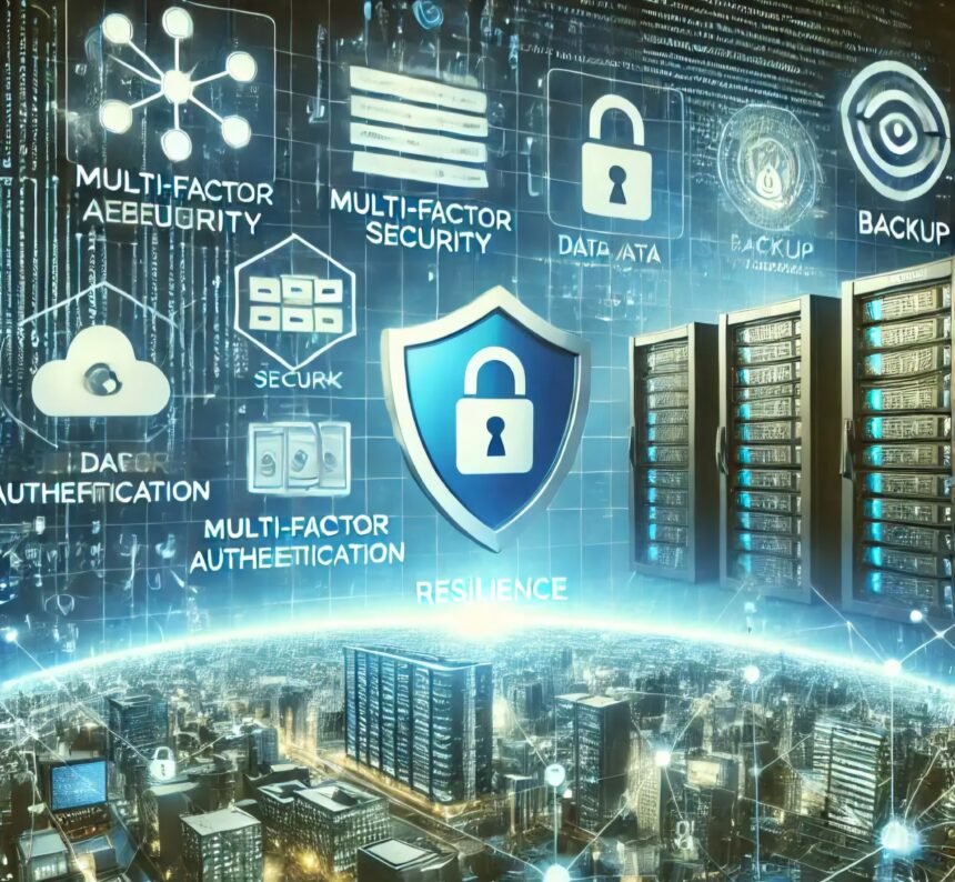 Ketahanan keamanan siber: elemen firewall, sistem backup, dan ikon untuk autentikasi multi-faktor serta pelatihan kesadaran keamanan. Cermin perlindungan dan kesiapan terhadap ancaman siber. (mediapesan)