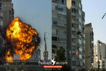 Bangunan di pinggiran Beirut hancur oleh serangan bom pesawat tempur, (17/11/2024). (qudsn/ho/mp)