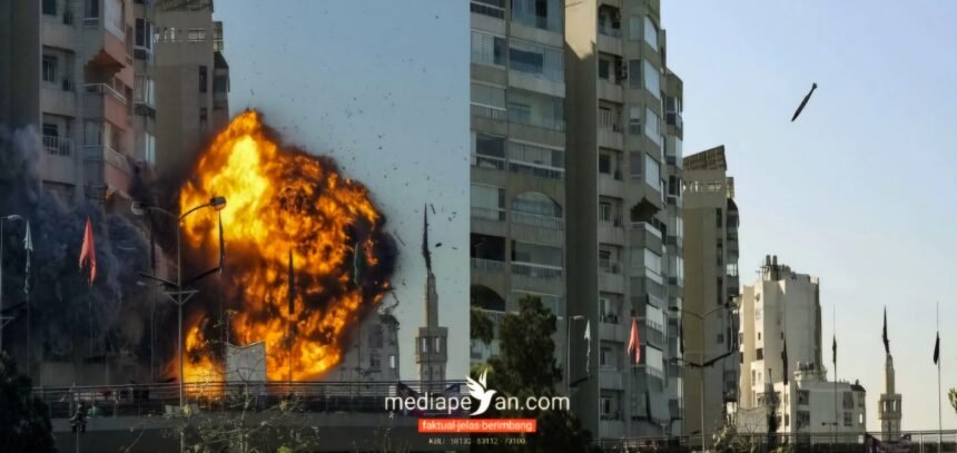 Bangunan di pinggiran Beirut hancur oleh serangan bom pesawat tempur, (17/11/2024). (qudsn/ho/mp)