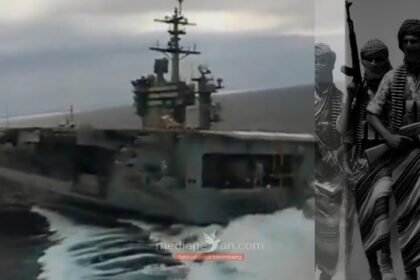 Peristiwa kaburnya USS Eisenhower setelah dilurug oleh Angkatan Bersenjata Yaman di Laut Merah, (2024). (dok. kolase/mp)