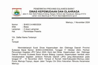 Surat Dinas Kepemudaan dan Olahraga (Dispora) Pemerintah Provinsi Sulawesi Barat (Sulbar).