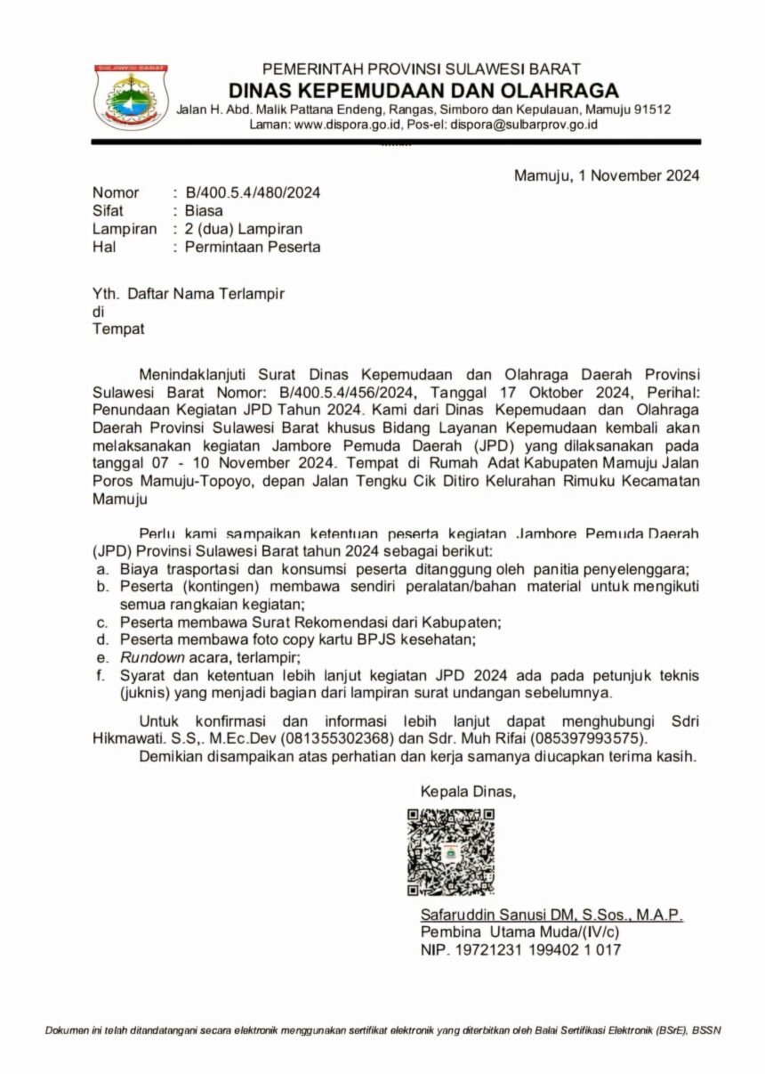 Surat Dinas Kepemudaan dan Olahraga (Dispora) Pemerintah Provinsi Sulawesi Barat (Sulbar).