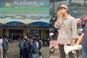 Serikat Mahasiswa Pejuang Demokrasi Indonesia (Srikandi) Sulsel menggelar aksi demonstrasi menuntut penutupan Stadium Billiard dan Cafe di Jalan Perintis Kemerdekaan, Kamis (12/12/2024).