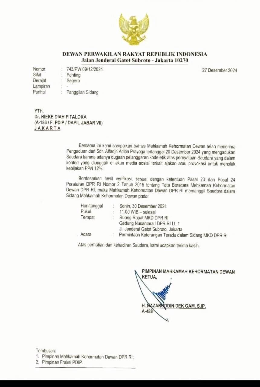 MKD DPR RI panggil Rieke Diah Pitaloka, (30/12/2024).