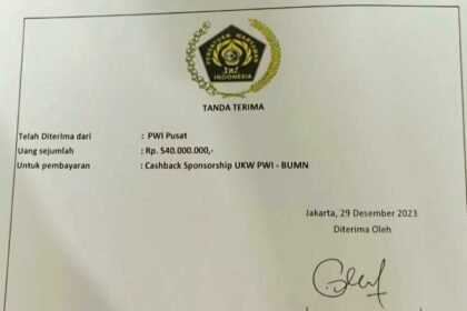 Surat tanda terima untuk pembayaran cashback sponsorship UKW PWI-BUMN, Jakarta (29/12/2023).