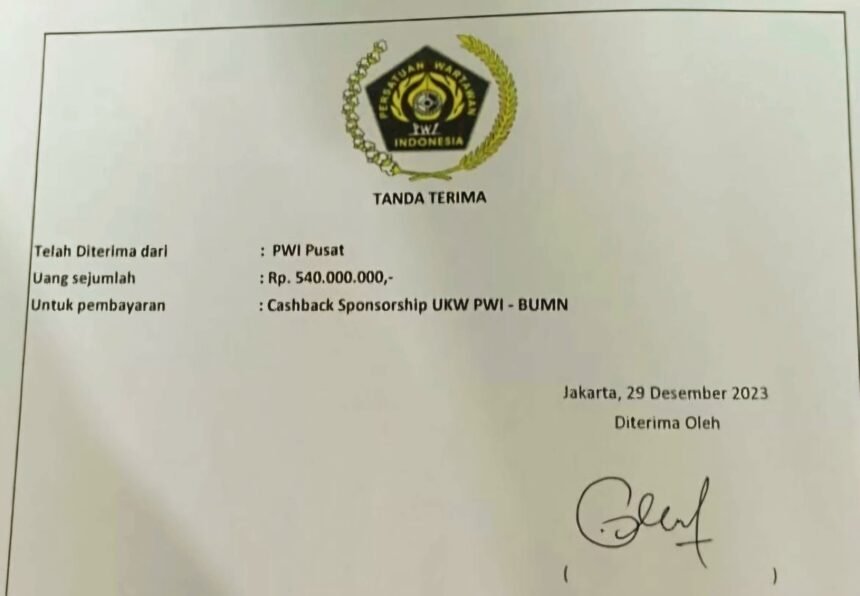 Surat tanda terima untuk pembayaran cashback sponsorship UKW PWI-BUMN, Jakarta (29/12/2023).