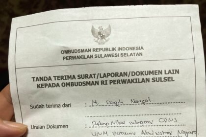 Tanda terima surat/laporan/dokumen lain kepada Ombudsman RI Perwakilan Sulsel. (R35/HO)