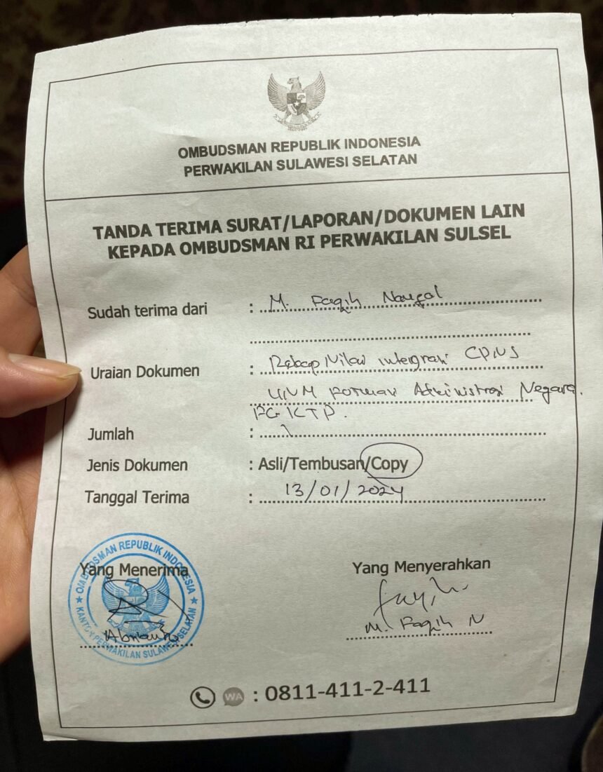 Tanda terima surat/laporan/dokumen lain kepada Ombudsman RI Perwakilan Sulsel. (R35/HO)