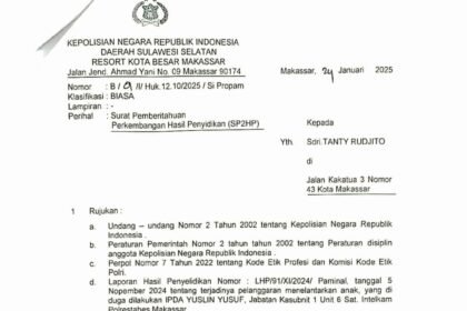 Surat Pemberitahuan Perkembangan Hasil Penyidikan (SP2HP) dari Polrestabes Makassar. (R35/HO)