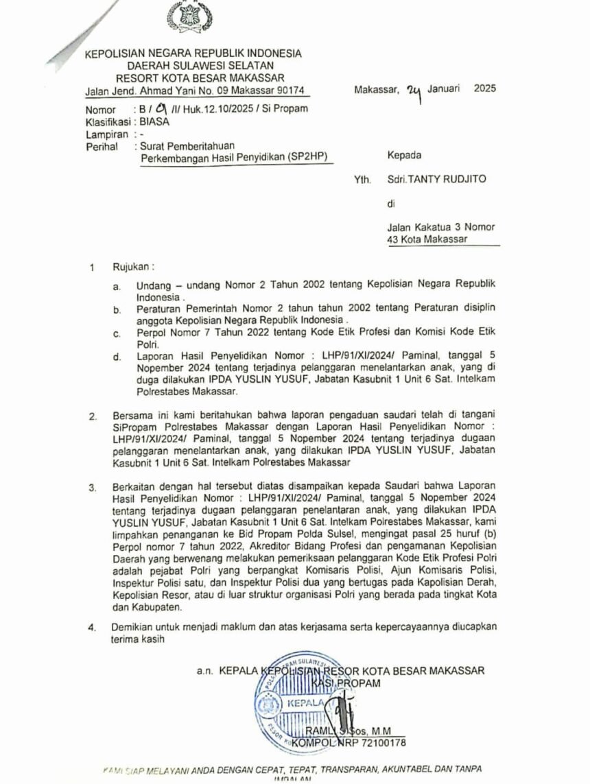 Surat Pemberitahuan Perkembangan Hasil Penyidikan (SP2HP) dari Polrestabes Makassar. (R35/HO)
