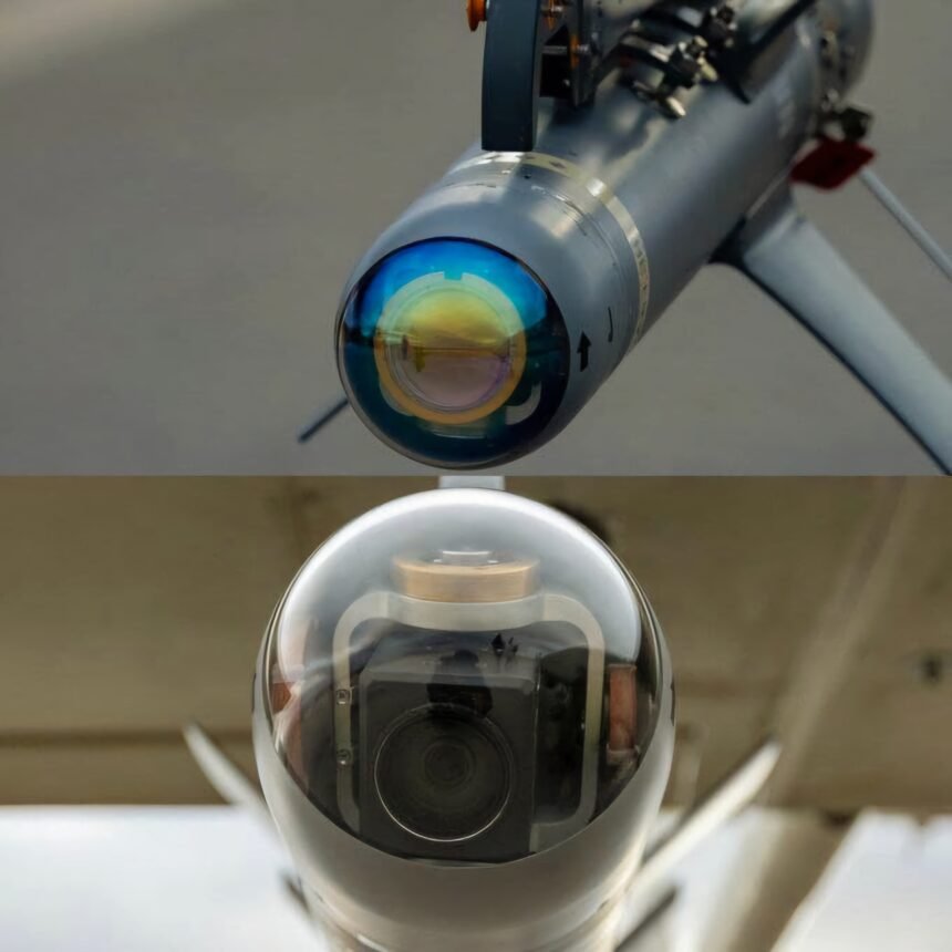 Bom vertikal 5 Iran yang diluncurkan dari udara dengan panduan inframerah untuk digunakan pada malam hari, dan di bawahnya dengan panduan Camera untuk digunakan pada siang hari dimuat di UAV Mohajer 6 dalam latihan pasukan darat IRGC di barat.