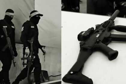 Senjata Scorpion yang disita dari pasukan khusus Israel, kini di tangan Brigade Qassam. (qudsn/ho)