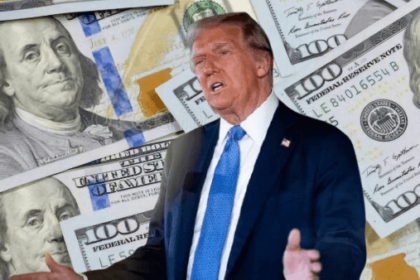 Kolase: Presiden Donald Trump dan berlatar uang dolar Amerika Serikat. (mp)