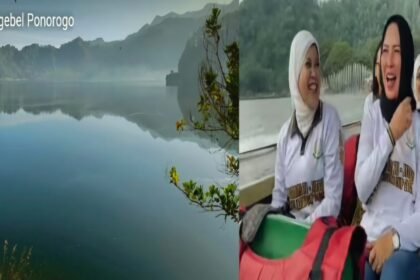 Kolase: Keindahan alam Ponorogo (kiri) dan Kajati Jatim, Prof. (HCUA) Dr. Mia Amiati, S.H., M.H., CMA, CSSL., bersama jajaran pejabat utama dan para Kajari se-Jatim (kanan) menikmati keindahan Telaga Ngebel, (14/2/2025).