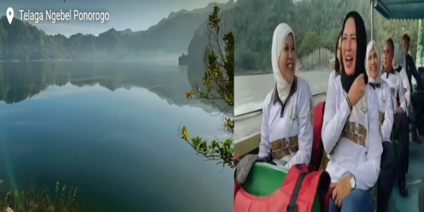 Kolase: Keindahan alam Ponorogo (kiri) dan Kajati Jatim, Prof. (HCUA) Dr. Mia Amiati, S.H., M.H., CMA, CSSL., bersama jajaran pejabat utama dan para Kajari se-Jatim (kanan) menikmati keindahan Telaga Ngebel, (14/2/2025).