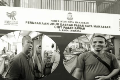 Kolase: Jalil Ketua Asosiasi Pedangan Pasar Sawah (kanan) dan Udin, Wakil ketua Asosiasi Pedagang Pasar Sawah bersama para pedagang Pasar Sawah (kiri). (pl/mp)