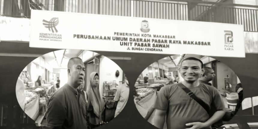 Kolase: Jalil Ketua Asosiasi Pedangan Pasar Sawah (kanan) dan Udin, Wakil ketua Asosiasi Pedagang Pasar Sawah bersama para pedagang Pasar Sawah (kiri). (pl/mp)
