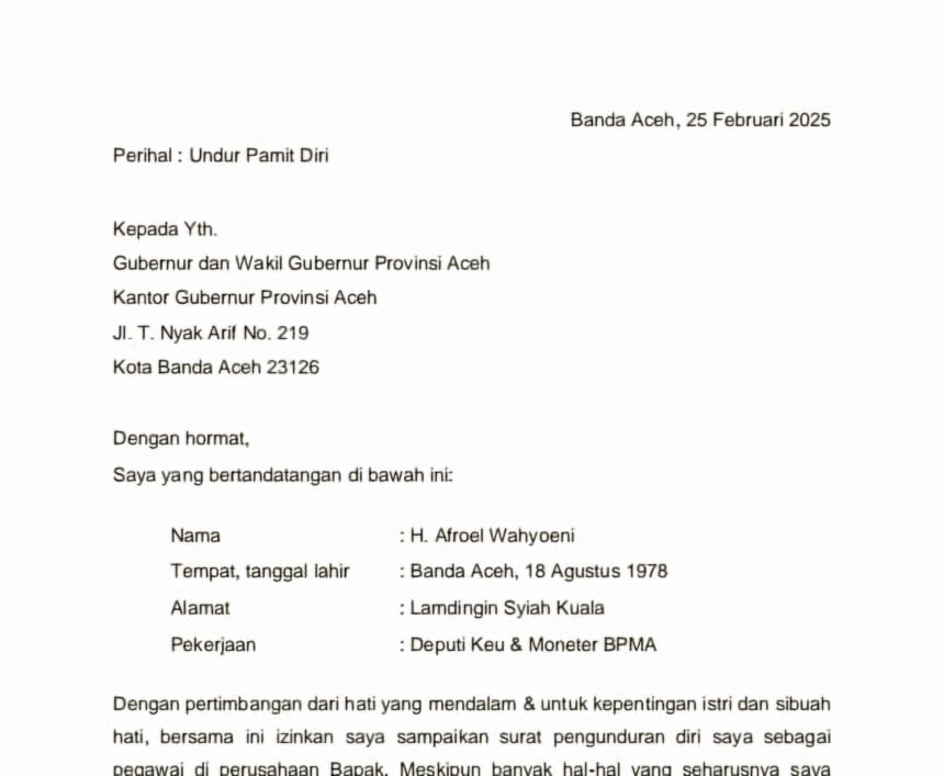 Surat pengunduran diri Deputi BPMA beredar di media sosial, (25/2/2025). (alp/ho)