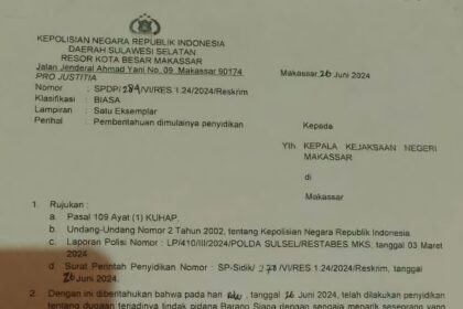 Surat pemberitahuan dimulainya penyidikan terkait penanganan kasus dugaan perampasan anak.
